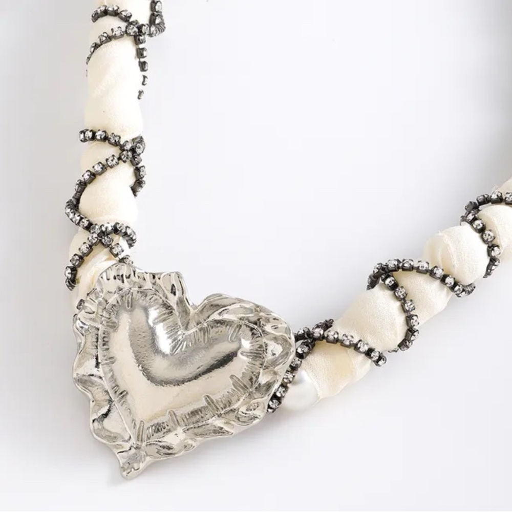 Silver Heart Pendant Rhinestone Fabric Necklace
